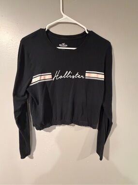 Hollister Black Cropped Long Sleeve Top with Pink and White Stripes